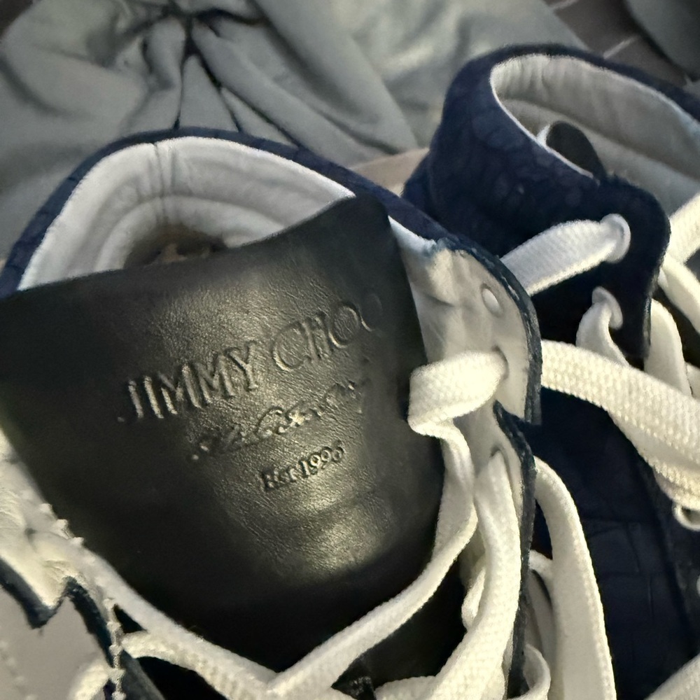 Jimmy Choo Navy Blue Croc-Embossed Sneakers with White Accents - Picture 3 of 8